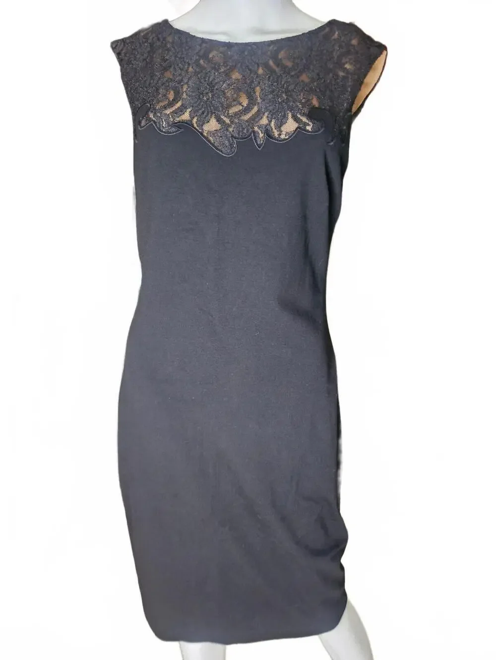 Cache Black Sheath Dress Sz 12 Lace Yoke Capped Sleeves Zip Up Lined